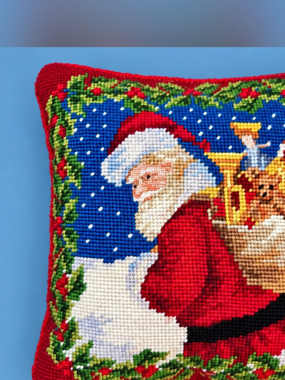 Vintage Needlepoint Santa Christmas Pillow 9x9 Red Velvet Holiday Decor